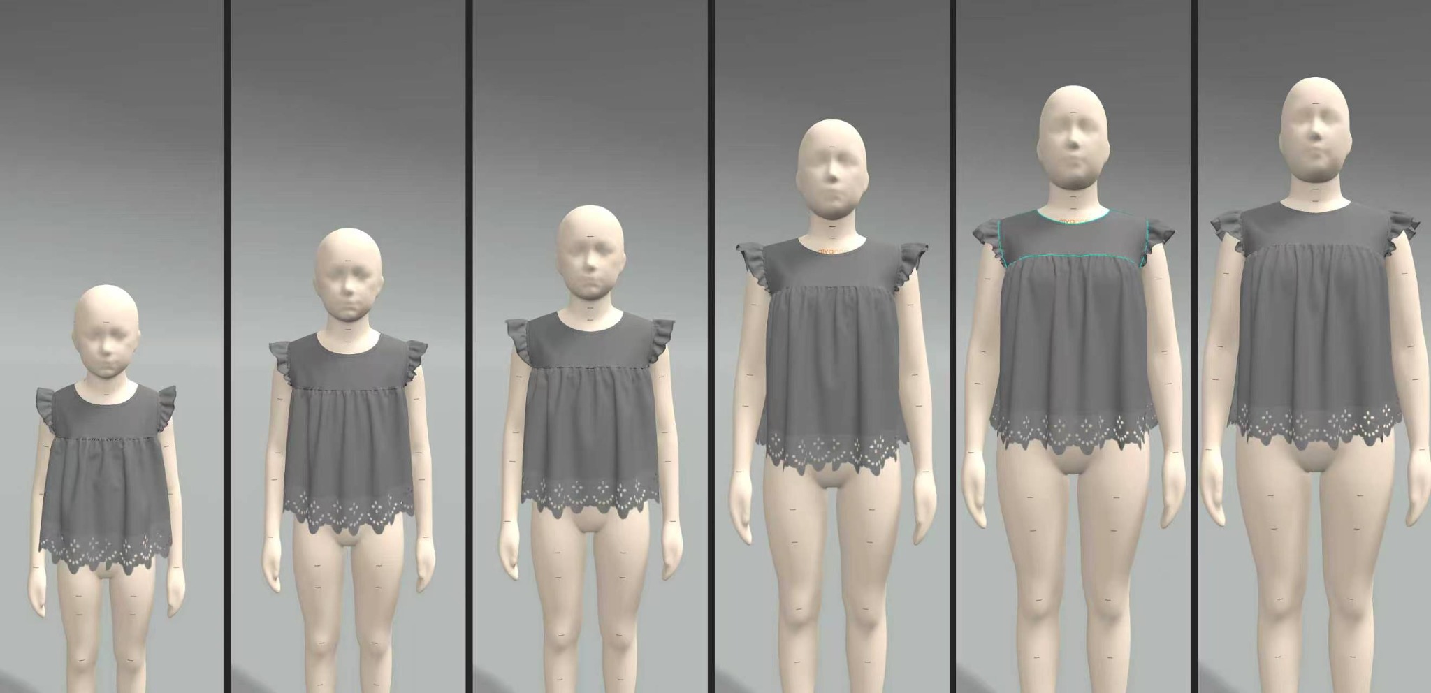 A flutter-sleeve top shown across a range of sample sizes.