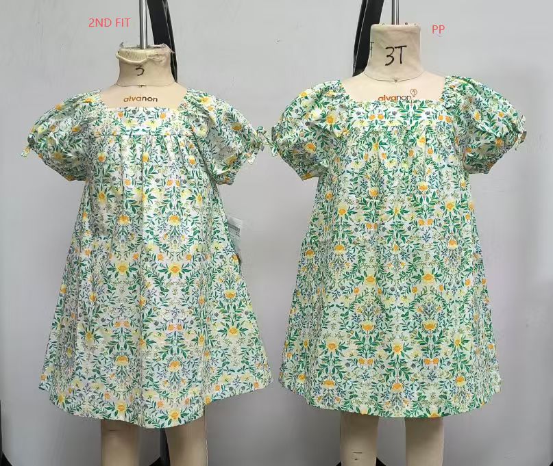 Two stages of a floral dress sample, shown side by side.