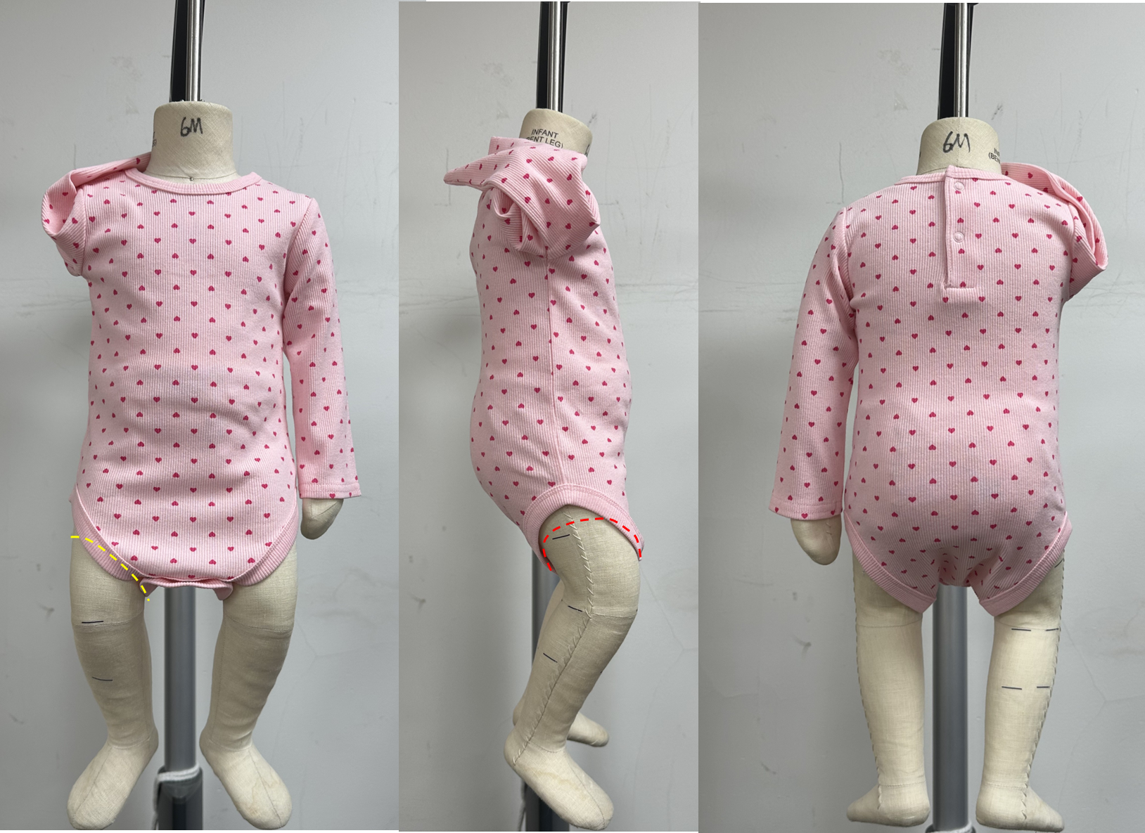 Front, side and back views of a long-sleeve infant sample.
