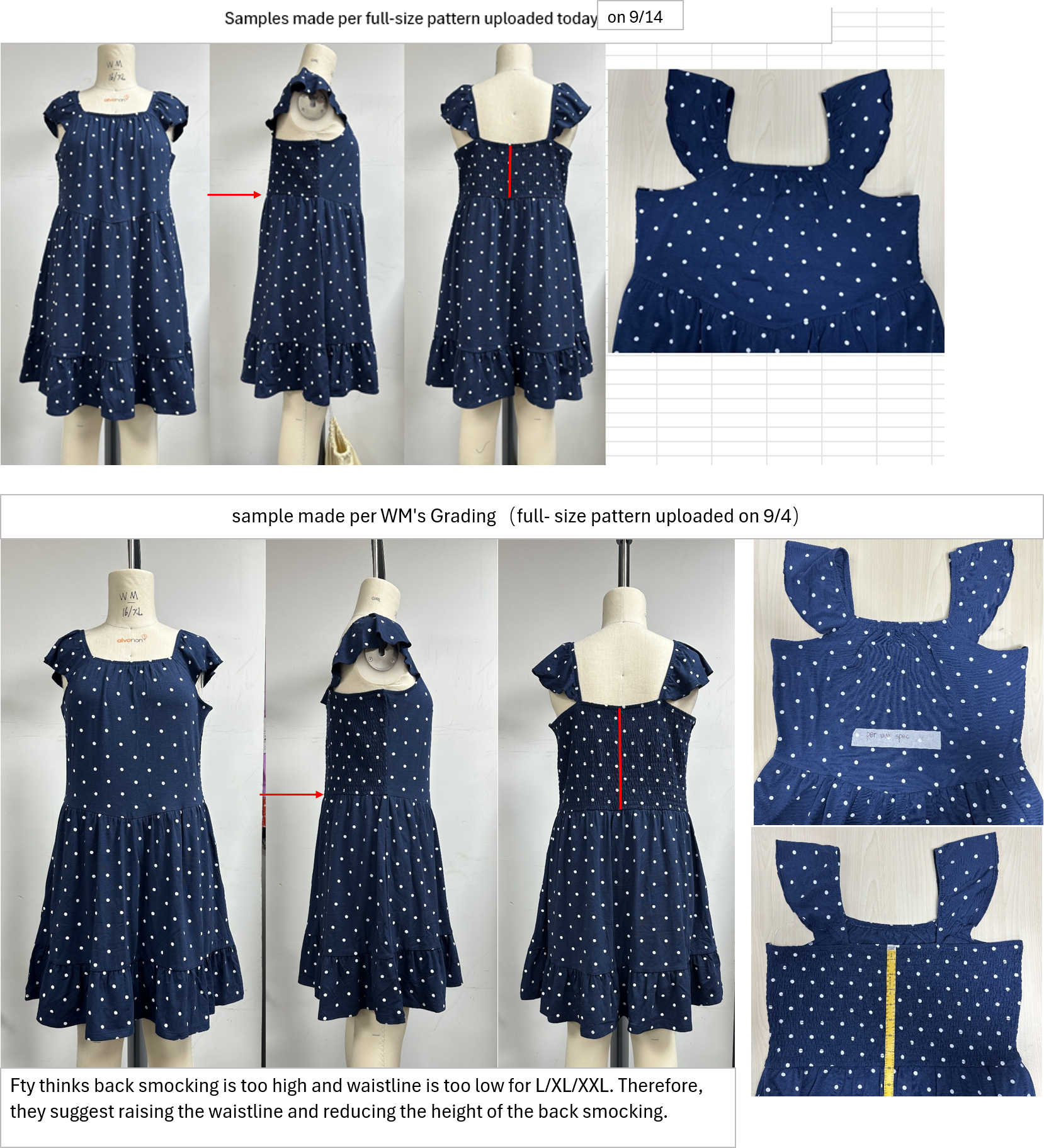 Front, side and back views from a dress sample fit review.
